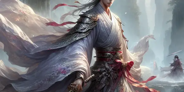 A heroic swordsman in flowing robes stands in a misty landscape, surrounded by cherry blossoms and lanterns, hinting at romance.