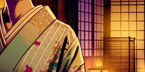 A glamorous adult film actress in a luxurious room, blending traditional Japanese and modern fashion elements.