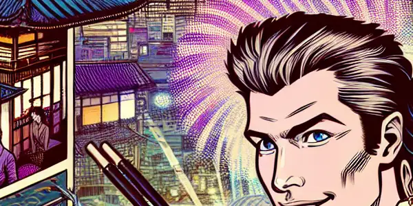 A vibrant urban scene featuring a stylish couple in playful flirtation, set against a colorful Tokyo backdrop.