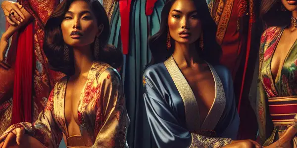 A vibrant scene of mixed-heritage women in colorful attire, set in a lush, exotic environment with ornate architecture.