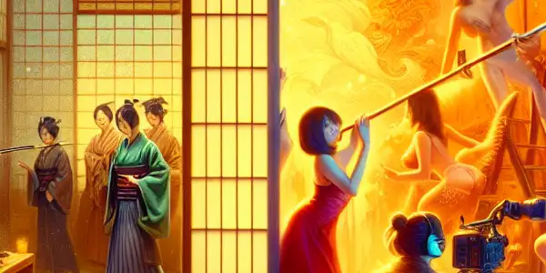 A split scene showcasing a Japanese film set with traditional elements and a modern Western set highlighting artistic eroticism.