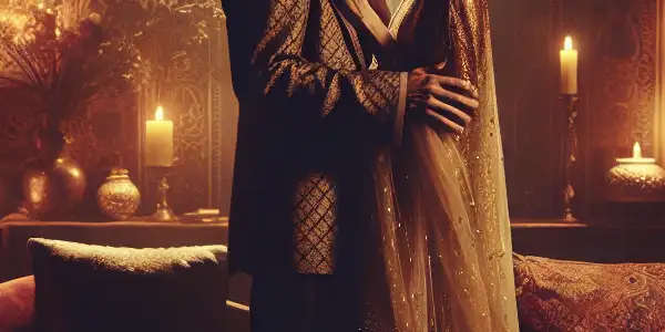 A passionate couple embraces in a dimly lit, luxurious room filled with rich fabrics and soft lighting.