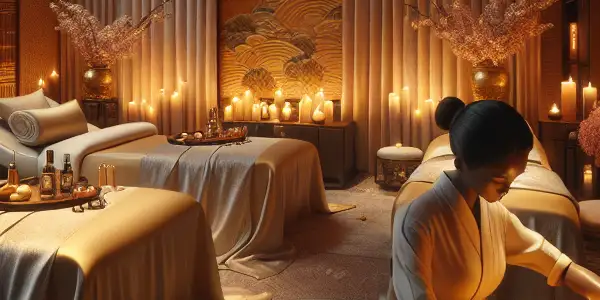 A serene and luxurious erotic massage parlor in Shenyang, featuring warm lighting, plush tables, and a skilled therapist.