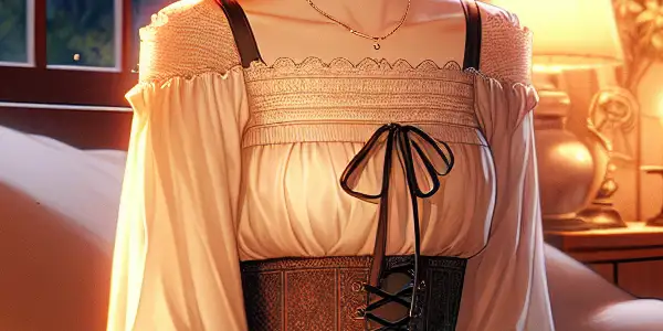 A petite female character in a cozy bedroom, embodying innocence and sensuality amidst romantic elements.