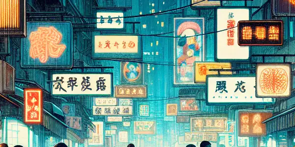 A vibrant Hong Kong street at night, bustling with people and illuminated by neon lights, hinting at adult entertainment.