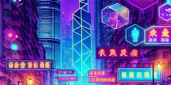 A vibrant Hong Kong nightlife scene featuring diverse people engaging with digital devices amidst neon-lit skyscrapers and markets.