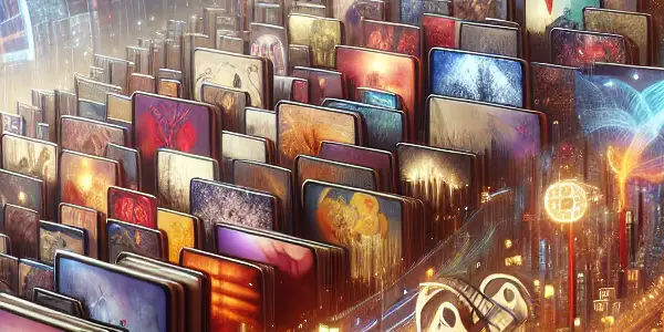 A futuristic digital landscape showcasing colorful thumbnails of erotic novels and films, with hints of Japanese culture.
