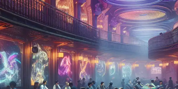 A vibrant underground casino scene with poker players, neon lights, and classic adult film imagery.