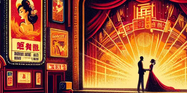 A nostalgic movie theater scene showcasing Hong Kong's erotic cinema, featuring vintage posters and passionate silhouettes.