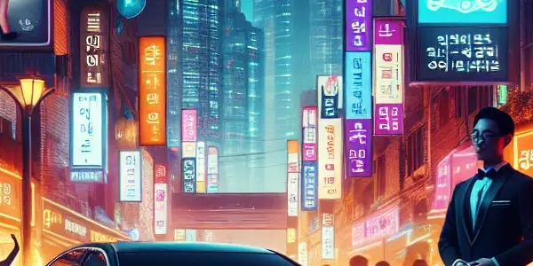 A bustling South Korean nightlife scene featuring a luxury car, a professional chauffeur, and vibrant adult entertainment billboards.