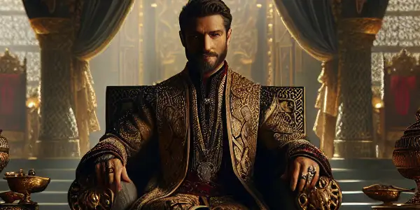 A charismatic male figure sits on a lavish throne in an opulent, sensual throne room.