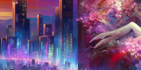 A vibrant night scene of Dongguan featuring neon lights, a cinematic screen, and cultural motifs blending adult entertainment and Japanese aesthetics.