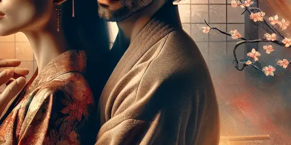 A tender embrace between a couple in a warmly lit Japanese room, symbolizing erotic love and emotional connection.