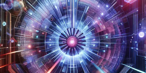 A futuristic room showcasing high-speed digital downloads with vibrant technology, featuring a screen of colorful adult film thumbnails.