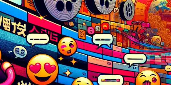 A lively chat interface filled with colorful emojis, winking faces, and elements of Japanese adult film culture.