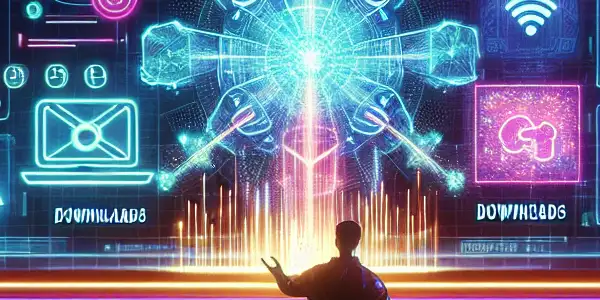 A futuristic individual interacts with a holographic interface displaying adult film categories in a neon-lit environment.