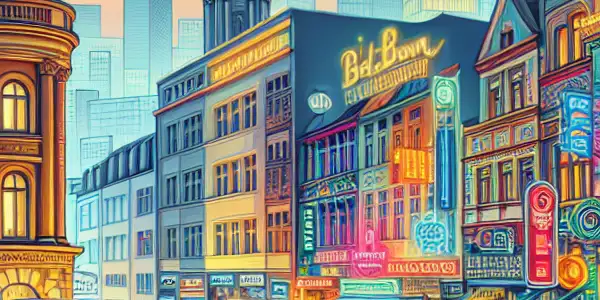 A vibrant Berlin cityscape showcasing diverse discussions on erotic films and art, blending traditional and modern elements.