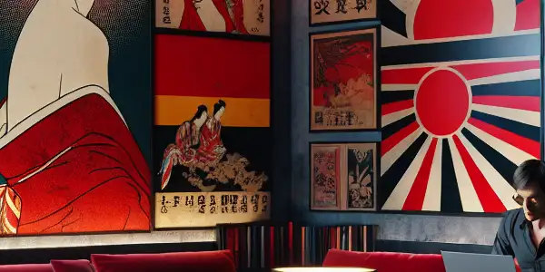 A stylish lounge blending German and Japanese aesthetics, featuring a confident figure exploring adult entertainment on a laptop.