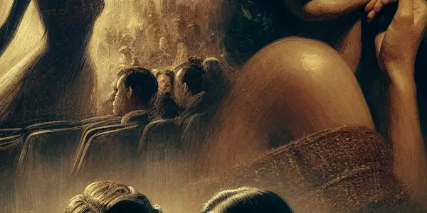 An intimate movie theater scene with a captivated couple watching a German erotic film, surrounded by romantic vintage posters.