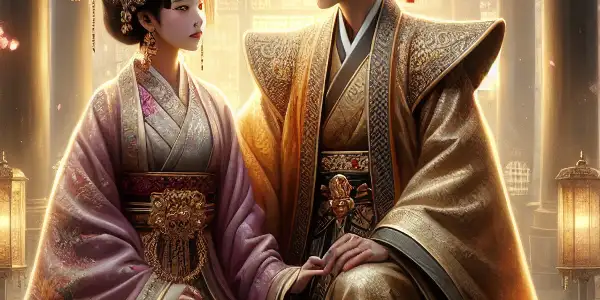 A romantic scene in an ancient Asian palace, featuring elegantly dressed characters amidst cherry blossoms and soft lighting.