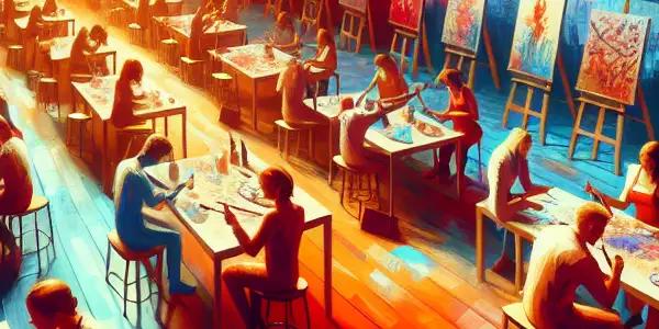 A vibrant workshop where diverse adults explore emotional expression through painting, using bright colors to depict passion and melancholy.