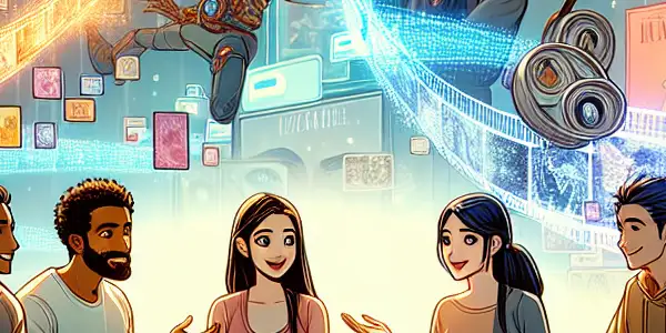 A vibrant online forum scene featuring diverse characters discussing erotic literature and adult content in a cozy digital landscape.