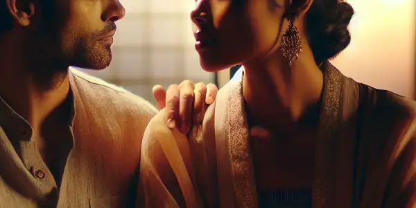 A romantic scene featuring two diverse characters in a softly lit room, conveying passion and intimacy.