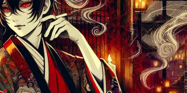 A mysterious comic book shop featuring an erotic horror manga cover with seductive characters and ghostly figures.