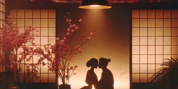 A dimly lit intimate room with traditional Japanese decor, featuring a couple's silhouette and soft lighting.