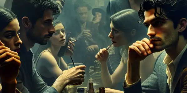 A cozy pub scene with young adults engaged in passionate conversation, hinting at romance and intrigue.