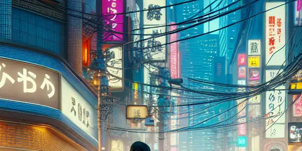 A vibrant urban street scene at dusk, featuring stylish individuals in playful, flirtatious interactions under neon lights.