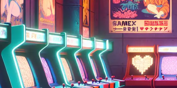 A vibrant retro arcade room featuring vintage machines and playful, seductive artwork, blending gaming and adult themes.