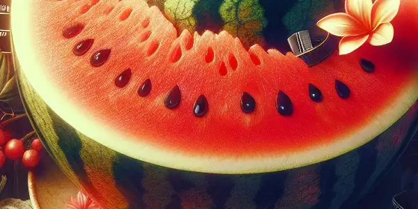 A surreal watermelon surrounded by cherry blossoms and vintage film elements, evoking allure and mystery.